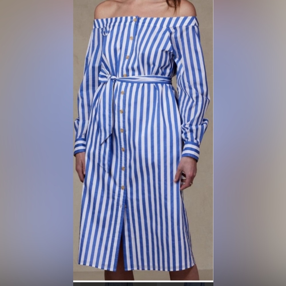 Banana Republic Off The Shoulder Midi Shirt Dress Blue Stripe Women’s M